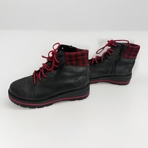 Timberland Black Boots with Red Plaid Collar and Red Laces 8.5